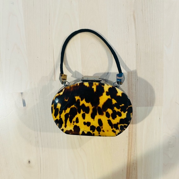 Vintage 1950s Tortoiseshell Lucite Box Handbag - Oval - Black Cord Handle - Picture 2 of 3